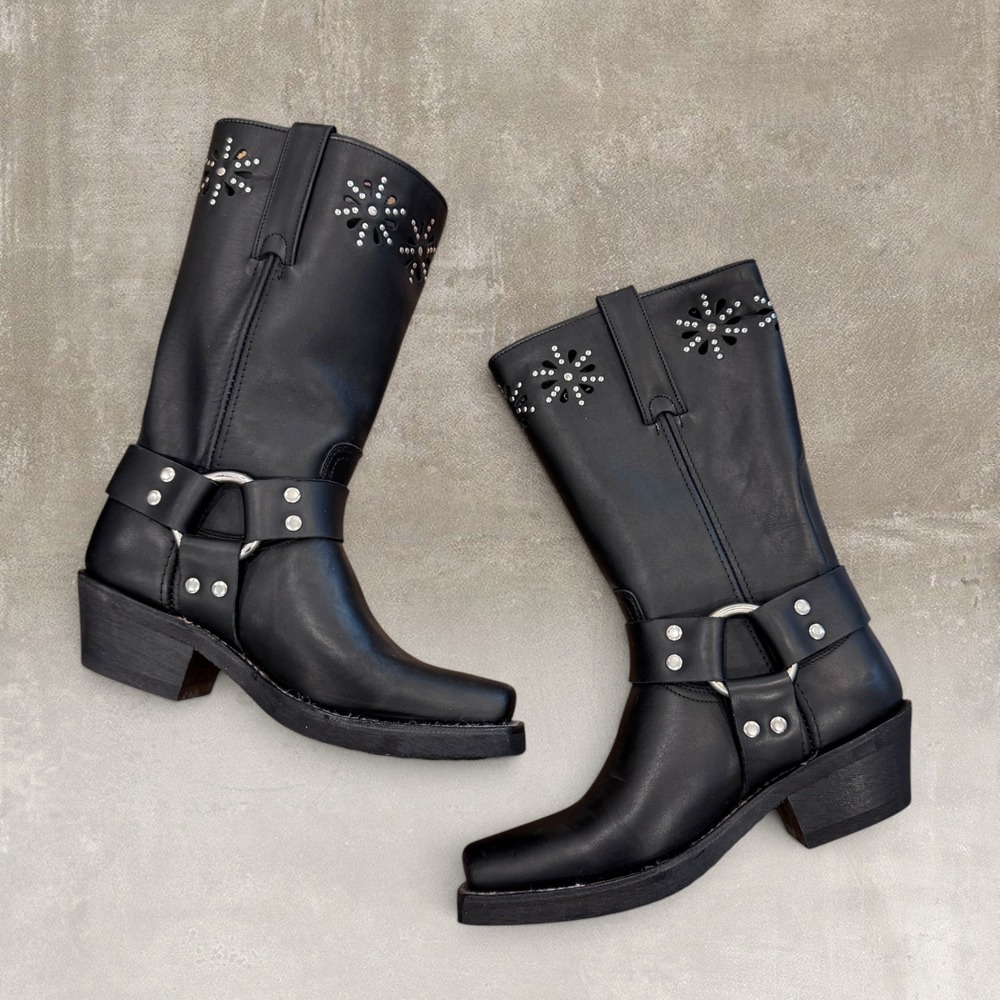 Frye Black Leather Harness Engineer Boots Studded Floral Cutout NWT Size 6 Spain